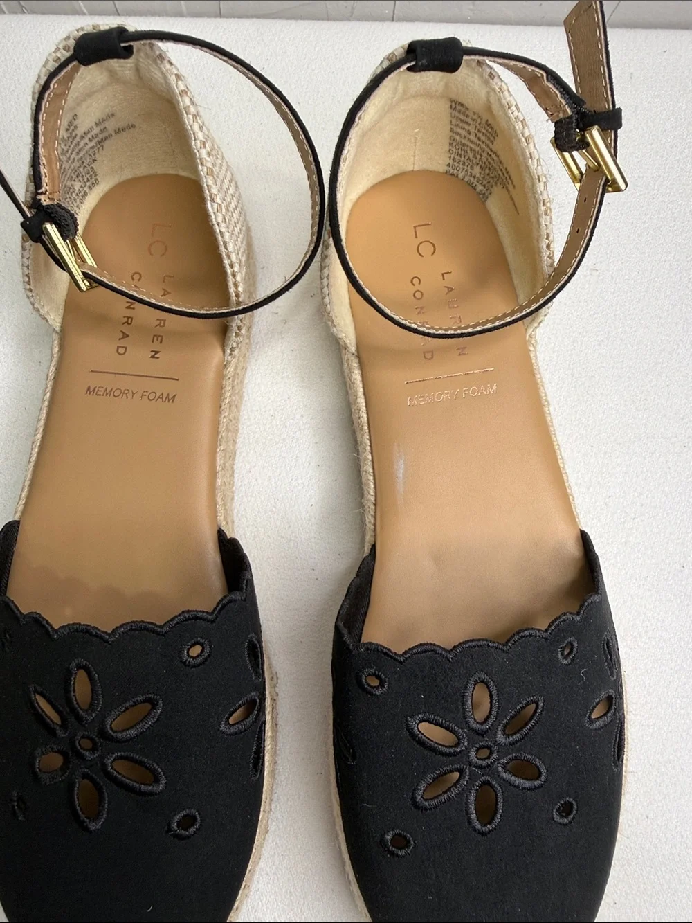 LC Lauren Conrad Black Floral Cutout Espadrille Flats with Ankle Strap